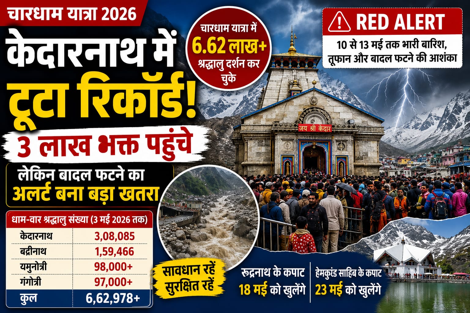 केदारनाथ में टूटा रिकॉर्ड — 3 लाख भक्त पहुँचे, लेकिन बादल फटने का अलर्ट बना बड़ा खतरा