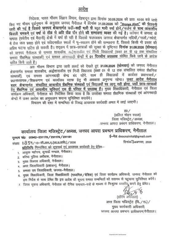 नैनीताल में कल स्कूल-कॉलेज बंद: Orange Alert के चलते कक्षा 1 से 12 तक अवकाश