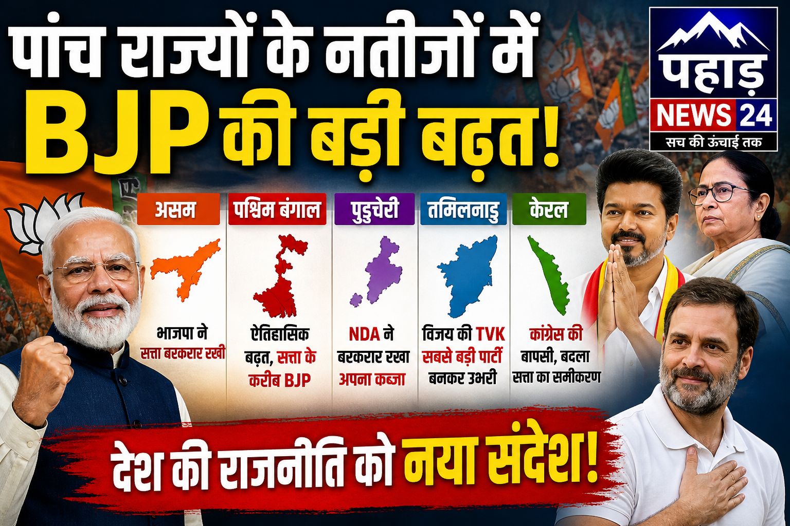 पांच राज्यों के नतीजों में BJP का दबदबा, बंगाल में ऐतिहासिक बढ़त; तमिलनाडु में विजय का धमाका, केरल में कांग्रेस की वापसी
