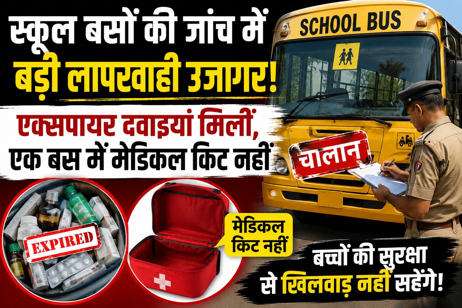 स्कूल बसों की जांच में बड़ी लापरवाही उजागर, एक्सपायर दवाइयां मिलीं, एक बस में मेडिकल किट नहीं